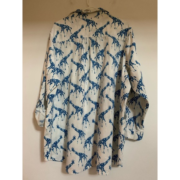 For Cynthia Linen Blend Giraffe Print White/Blue Long Sleeve SZ 2X Womens Top - Picture 2 of 8